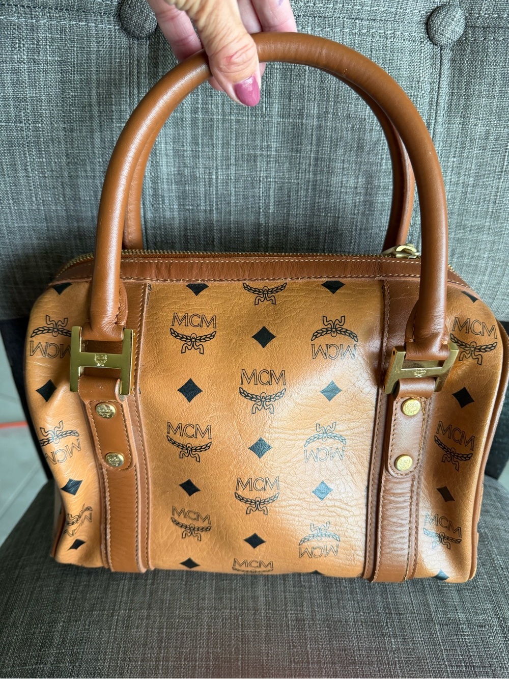 MCM Cognac Visetos Logo Satchel with Gold Hardware - Picture 2 of 12